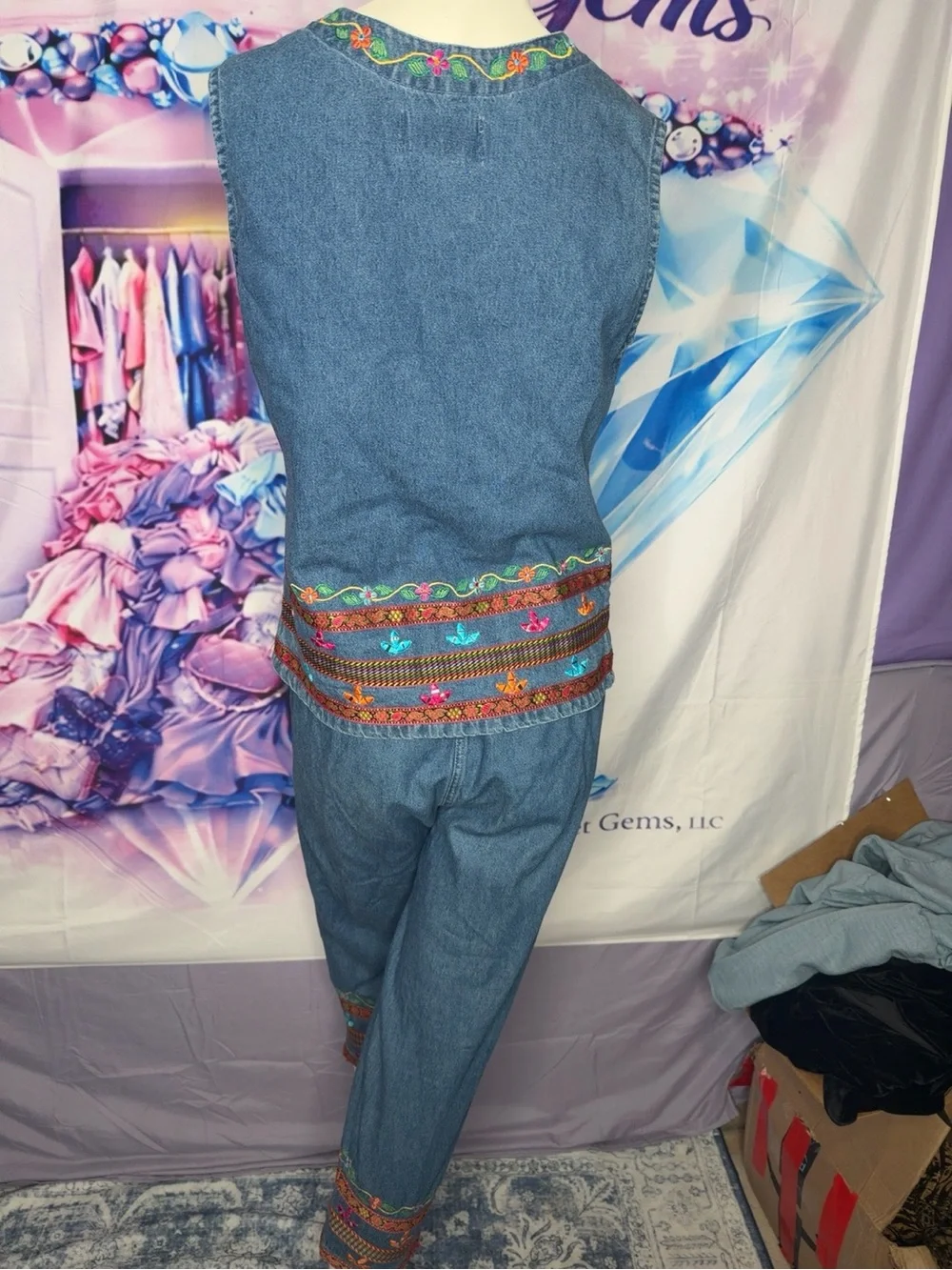 Vintage Sleeveless Embroidered Denim Pantsuit in Blue